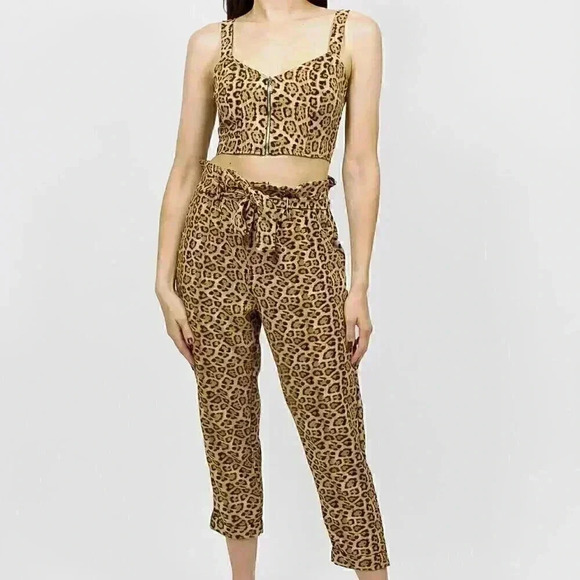 Marina & Gabriella Pants - Leopard Two‎ Piece Set Small Cropped Tank Top Leopard Print Matching Summer Set